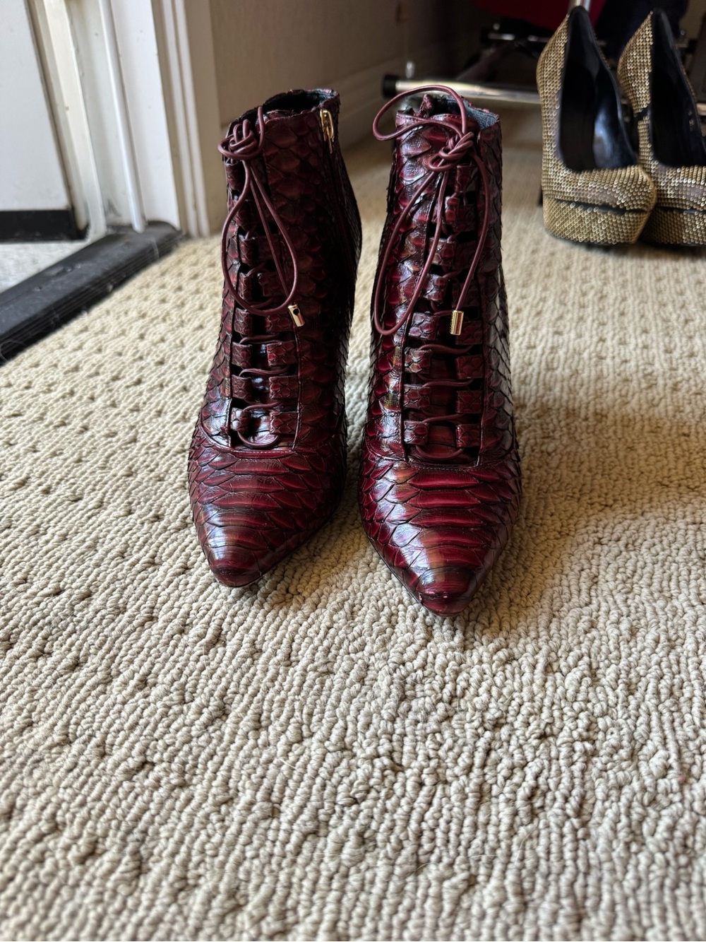 Alexandre Birman Mally Python Lace-Up Point-Toe Booties 37.5